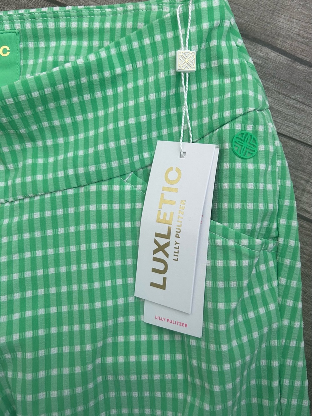 NWT Lily Pulitzer Luxletic 0 Women’s Green Gingham Stretch Flare Pants Pockets - Picture 3 of 5